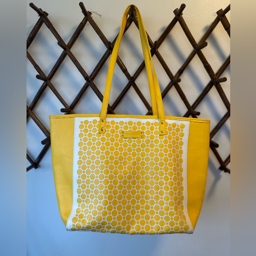 Vera Bradley Yellow and White Tote Bag lazer cut honeycomb design spring weekend